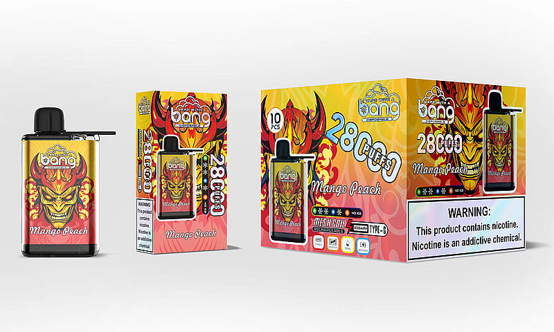 Ein Einweg-Vape-Gerät mit einem farbenfrohen Verpackungsdesign mit einer Teufelsillustration, der Aufschrift „Mango Peach“ und der Angabe „2800 Züge“. Die Verpackung enthält eine Warnung vor Nikotin und zeigt Details zu seinen Funktionen wie Mesh Coil und Wiederaufladbarkeit.
