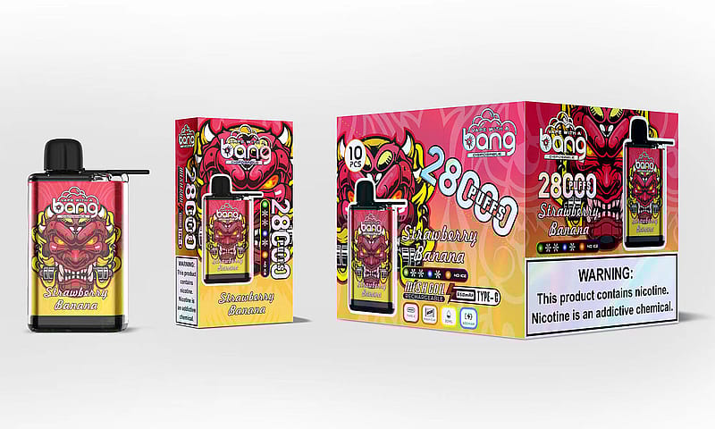 Eine Grafik, die ein Vape-Produkt mit der Bezeichnung „Bang“ zeigt, mit einem farbenfrohen Design mit einem Monstergesicht, Werbung für den Geschmack „Strawberry Banana“ und der Angabe „2800 Puffs“. Die Verpackung enthält eine Warnung vor Nikotin und Angaben zu den Produktspezifikationen.