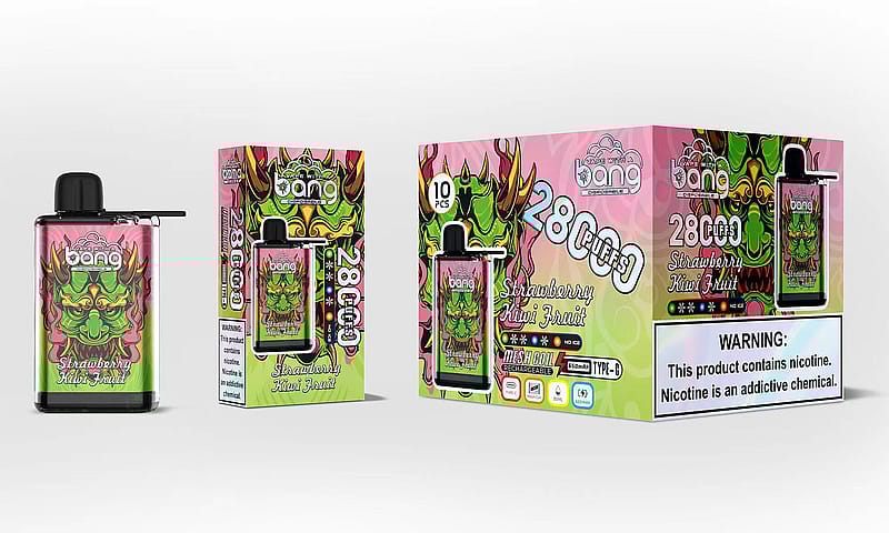 Eine bunte Schachtel und Flasche eines Vape-Produkts mit der Aufschrift „Bang“ mit einem grün-rosa Drachenmotiv und dem Text „Erdbeer-Kiwi“ und „28.000 Züge“. Die Schachtel enthält eine Warnung vor Nikotin und beide Artikel weisen auf Merkmale wie Wiederaufladbarkeit und eine Mesh-Spule hin.