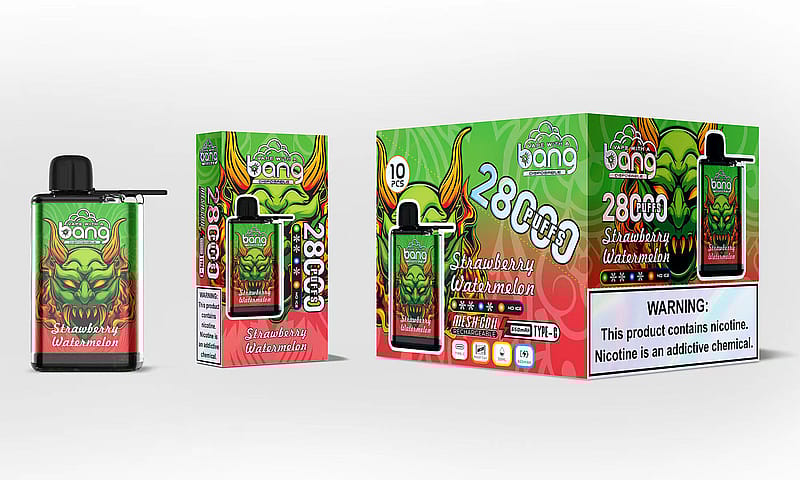 Ein Einweg-Vaporizer und seine Verpackung mit der Aufschrift „Strawberry Watermelon“ sowie dem Bild eines grünen Monstergesichts und bunten Grafiken, einer Anzeige für 2800 Zügen und einer Warnung vor Nikotin.