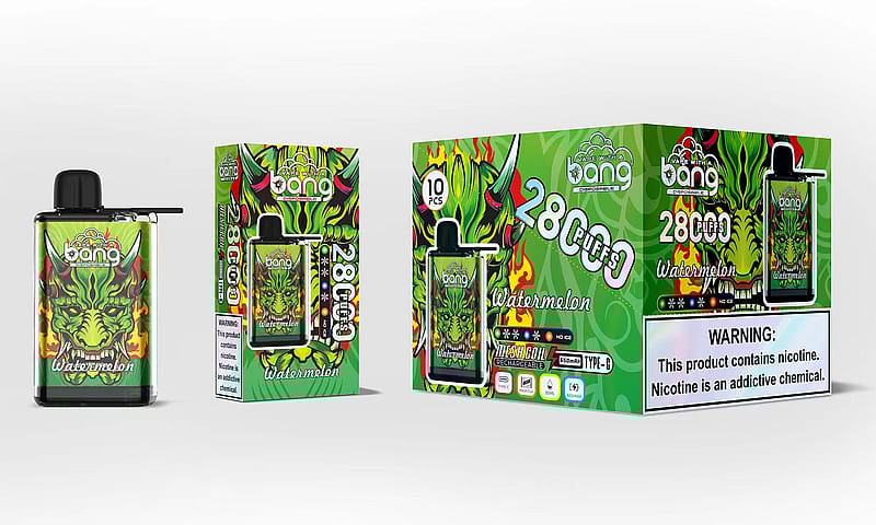 Eine farbenfrohe Box und ein Dampfgerät mit Wassermelonengeschmack und leuchtend grünen und roten Drachengrafiken. Das Produkt verspricht 2800 Züge und enthält eine Warnung vor Nikotin.