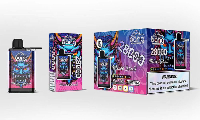 Un emballage coloré pour une vape jetable au goût de fruits mélangés, présentant un design avec une créature bleue et violette menaçante, affichant « 2800 bouffées » et un avertissement concernant la nicotine.