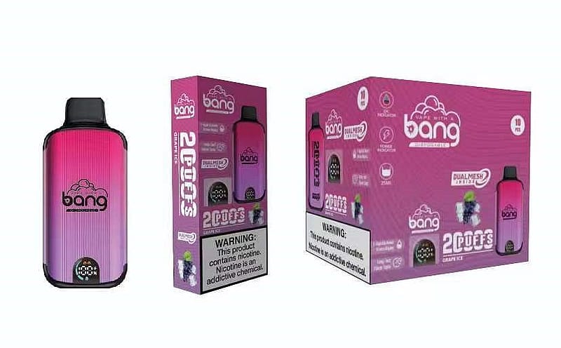 En rosa och lila vape-enhet med märket "bang", tillsammans med förpackningen som visar smaken "2 PUFFS" och "GRAPE ICE", med en varningsetikett för nikotin.
