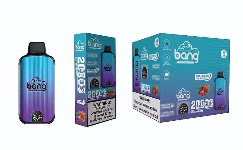 En blå och lila gradient vape-enhet med "Bang"-logotypen, tillsammans med förpackningen som visar "2 Puffs", "Mixed Fruits" och en varningsetikett för nikotin.
