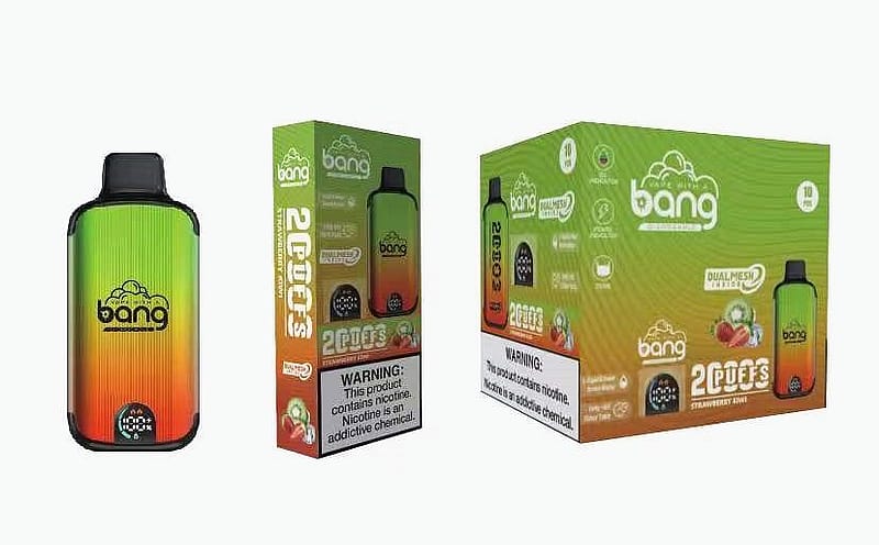 En låda och förpackning med engångsvapeenheter av märket Bang med smak av jordgubb kiwi, med en gradientdesign med gröna, gula och röda färger samt varningsetiketter för nikotin.