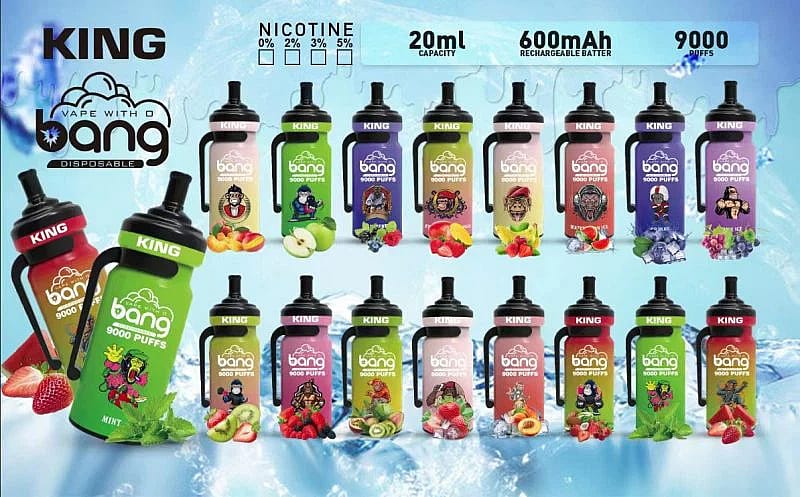 A selection of 16 Bang King disposable vapes in various flavors, each labeled with "9000 puffs," "20ml capacity," and "600mAh rechargeable battery."