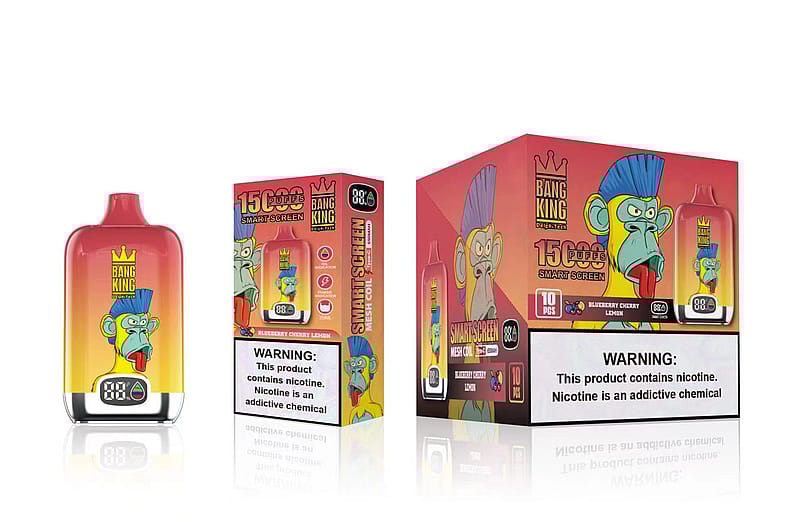 Envase de vaporizador desechable Bang King con un mono de dibujos animados con una cresta azul, 15.000 caladas, pantalla inteligente y etiqueta de advertencia de nicotina.