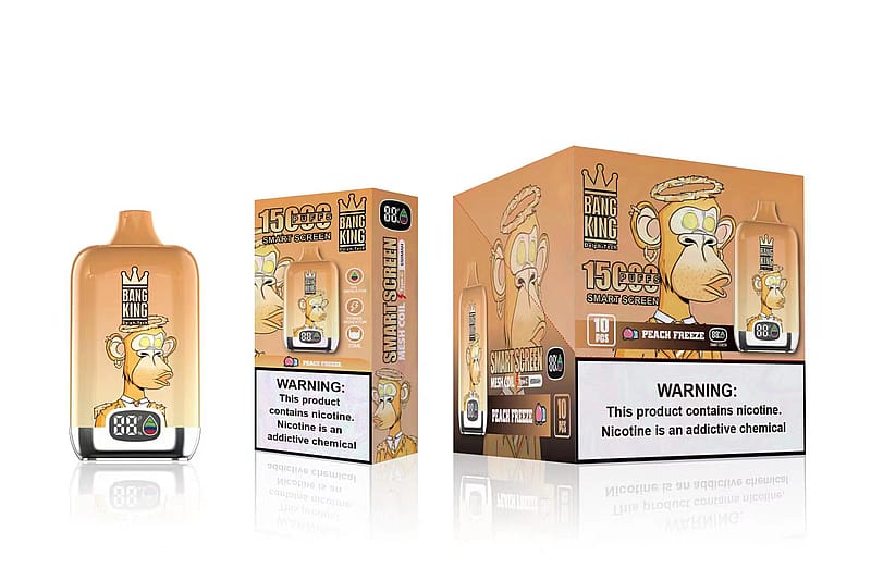 "Dispositivo de vapeo desechable Bang King Peach Freeze con envase, con el logotipo de un mono de dibujos animados y una etiqueta de advertencia de nicotina".