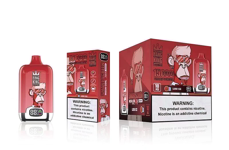 Dispositivo de vapeo desechable Bang King con un diseño rojo, que presenta una ilustración de un mono con gafas de sol y una corona. El envase indica "15.000 caladas" y sabor "Lush Ice", con una advertencia de nicotina en la parte inferior.