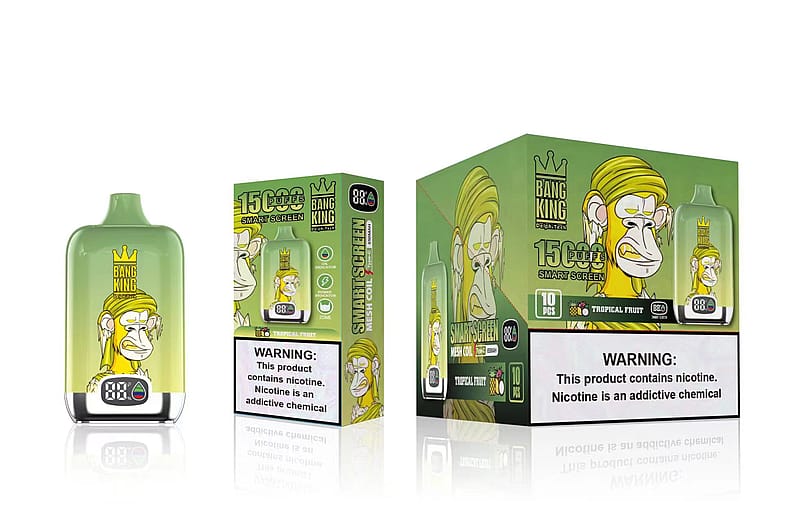 Dispositivo de vapeo Bang King y envase con un mono de dibujos animados que lleva una corona, con texto que indica "15.000 caladas" y una advertencia sobre la nicotina.