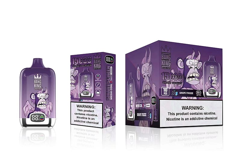 Dispositivo de vapeo morado y envase con un diseño de mono feroz con el texto "Bang King", "15.000 caladas" y sabor "Grape Freeze", junto a una etiqueta de advertencia de nicotina.