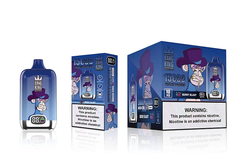 El envase del vaporizador Bang King muestra un dispositivo azul y morado con capacidad para 15.000 caladas, pantalla inteligente y una etiqueta de advertencia sobre la adicción a la nicotina.