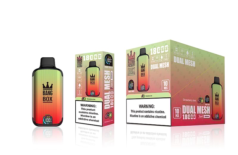 Le dispositif de vapotage Bang Box présente un design dégradé rouge et vert, ainsi qu'un emballage affichant "18 Cuffs", "Dual Mesh" et une étiquette d'avertissement sur la nicotine.