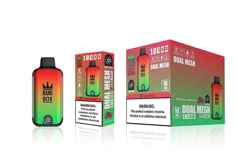 Dispositif de vaporisation Bang Box dual mesh au goût fraise-melon d'eau dont l'emballage comporte une étiquette "AVERTISSEMENT : Ce produit contient de la nicotine. La nicotine est un produit chimique qui crée une dépendance.