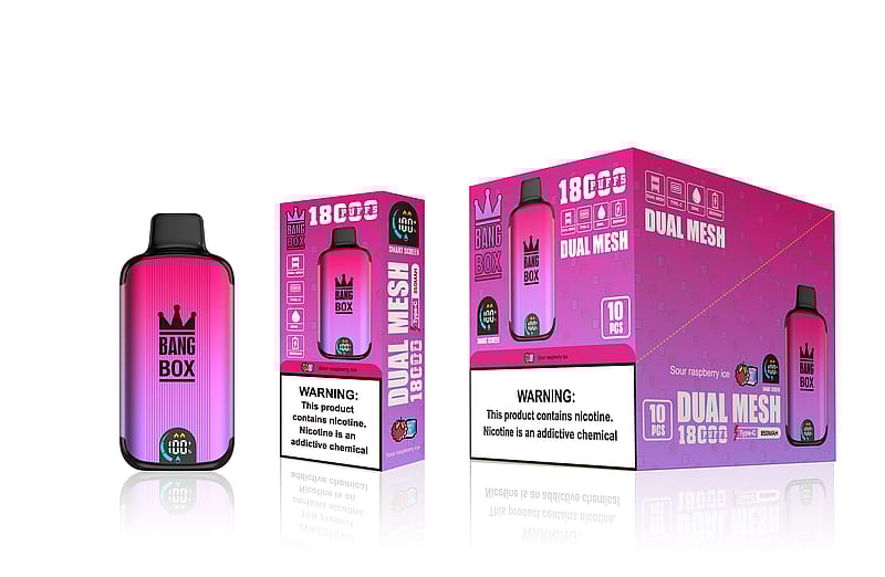 Dispositif de vaporisation rose et violet portant le logo "Bang Box", à côté de son emballage affichant "18 000 bouffées", "Dual Mesh" et un avertissement concernant la nicotine.