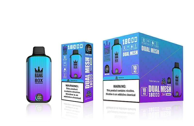 Le dispositif de vaporisation Bang Box et son emballage présentent un design dégradé bleu-violet. L'emballage met en évidence "Dual Mesh", "18 000 bouffées" et un avertissement sur la nicotine.