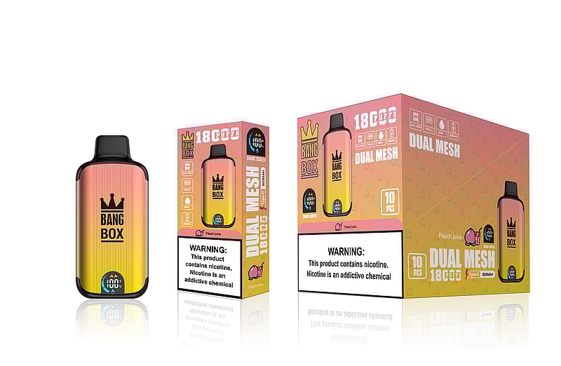 Emballage du dispositif de vaporisation Bang Box Dual Mesh au goût de jus de pêche, montrant le dispositif, le nom du produit, les caractéristiques et les étiquettes d'avertissement sur la nicotine.