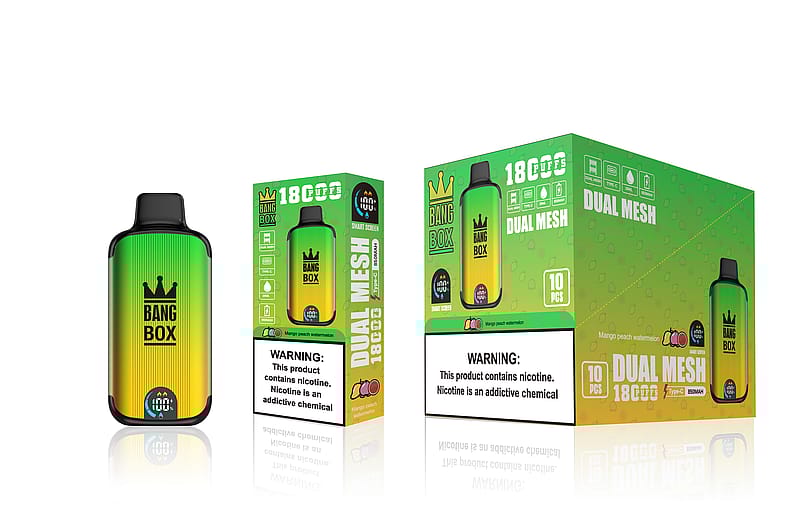 Un dispositif de vapotage vert et jaune dégradé étiqueté "Bang Box" avec un emballage affichant "18 Cuffs", "Dual Mesh" et un texte d'avertissement sur la nicotine.