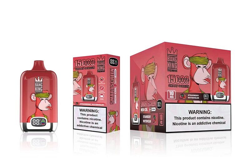Bang King Vape-Gerät und Verpackung mit einem Cartoon-Affen, der eine Krone trägt, mit Text, der auf "15000 Puffs", "intelligenter Bildschirm" und "Erdbeer-Wassermelone"-Geschmack hinweist. Auf dem Warnhinweis steht: "Dieses Produkt enthält Nikotin. Nikotin ist eine süchtig machende Chemikalie".