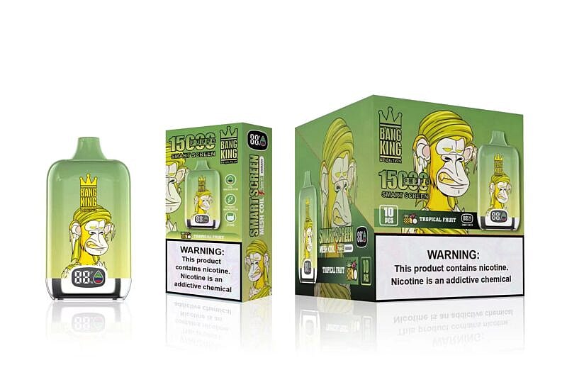 Bang King Vape-Gerät und Verpackung mit einem Cartoon-Affen, der eine Krone trägt, mit der Aufschrift "15.000 Puffs" und einer Nikotinwarnung.