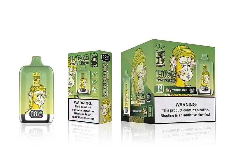 Bang King vape device and packaging featuring a cartoon monkey wearing a crown, with text indicating "15,000 puffs" and a nicotine warning.
