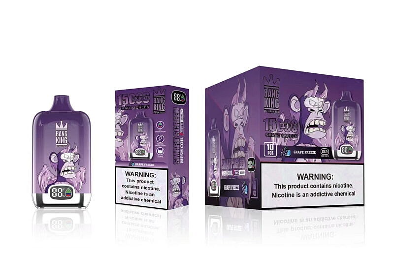 Lila Vape-Gerät und Verpackung mit einem grimmigen Affendesign mit dem Text "Bang King", "15.000 Puffs" und "Grape Freeze"-Aroma sowie einem Nikotin-Warnhinweis.