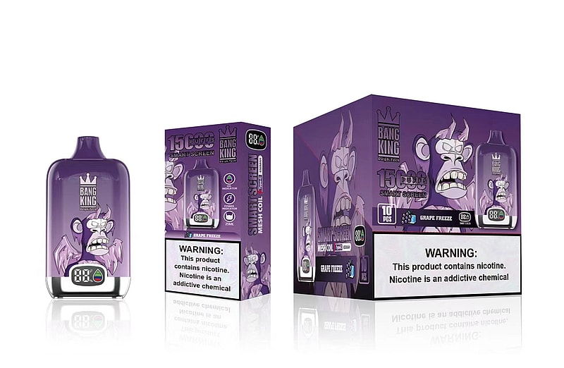 Purple vape device and packaging featuring a fierce monkey design with the text "Bang King," "15,000 puffs," and "Grape Freeze" flavor, alongside a nicotine warning label.