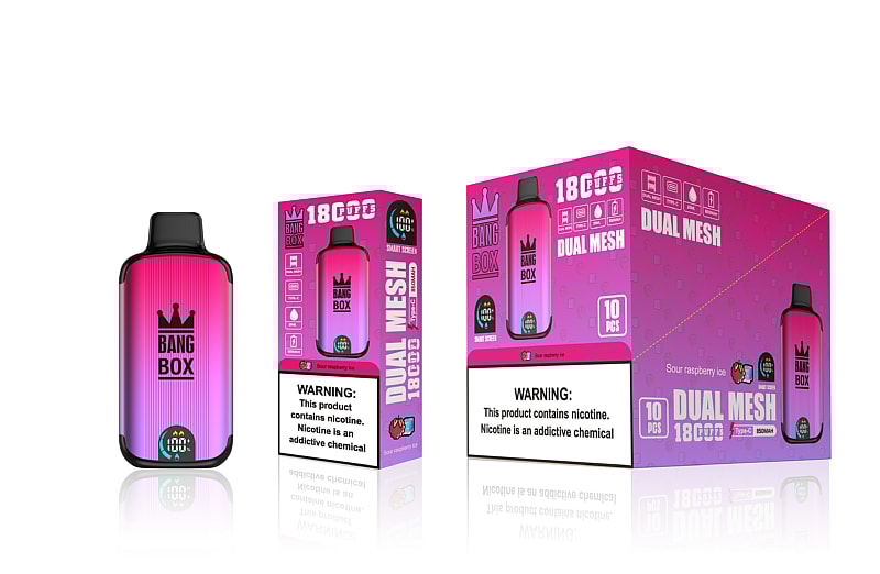 Pink and purple vape device with "Bang Box" logo, alongside its packaging displaying "18,000 puffs," "Dual Mesh," and nicotine warning.