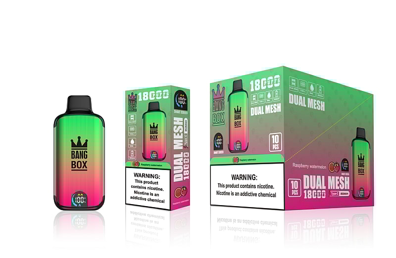 Image of "Bang Box" vaping product packaging in green, pink, and black gradient design with a crown logo. The box indicates "18 CUFFS," "Dual Mesh," "Type-C," "850mAh," and "Raspberry Watermelon" flavor. Large nicotine warning label at the bottom.