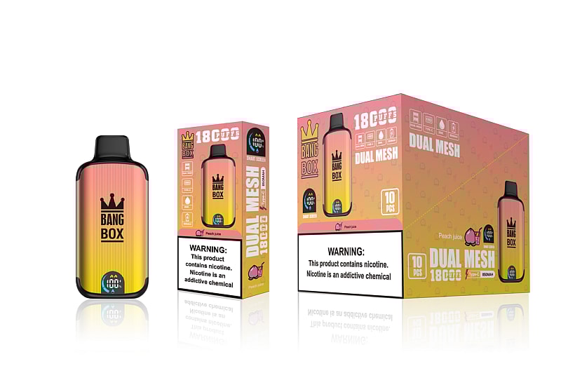Bang Box Dual Mesh vape device packaging in peach juice flavor, showing the device, product name, features, and nicotine warning labels.