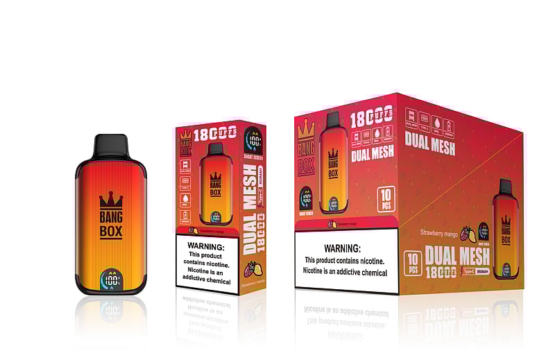 Red and orange gradient vape device with the brand name "Bang Box" displayed, alongside packaging boxes that highlight "18,000 puffs," "Dual Mesh," and "Strawberry Mango" flavor. The packaging also contains a nicotine addiction warning.