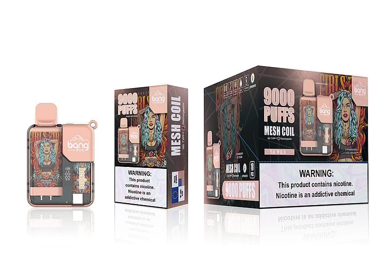 "Bang Box 9000 Puffs Einweg-Vape-Verpackung mit der Abbildung einer Frau mit blauen Haaren und den Angaben 'Mesh Coil', 'Wiederaufladbar' und einer Warnung vor Nikotinabhängigkeit."