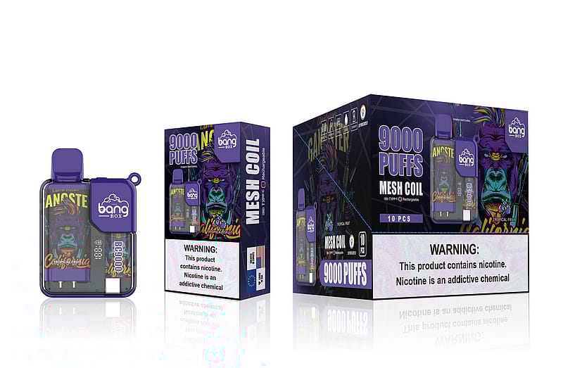 Ein lila-schwarzes Vape-Gerät mit einer Gorilla-Illustration, das mit "Bang Box" und "9000 Puffs" beschriftet ist und auf dessen Verpackung eine Nikotinwarnung steht.