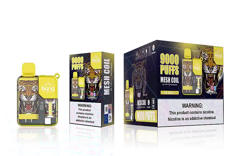 Gelbes und schwarzes Vape-Gerät mit Tigermotiv und den Aufschriften "Bang Box" und "9000 PUFFS MESH COIL", daneben die Verpackung mit demselben Motiv und Gesundheitswarnungen.