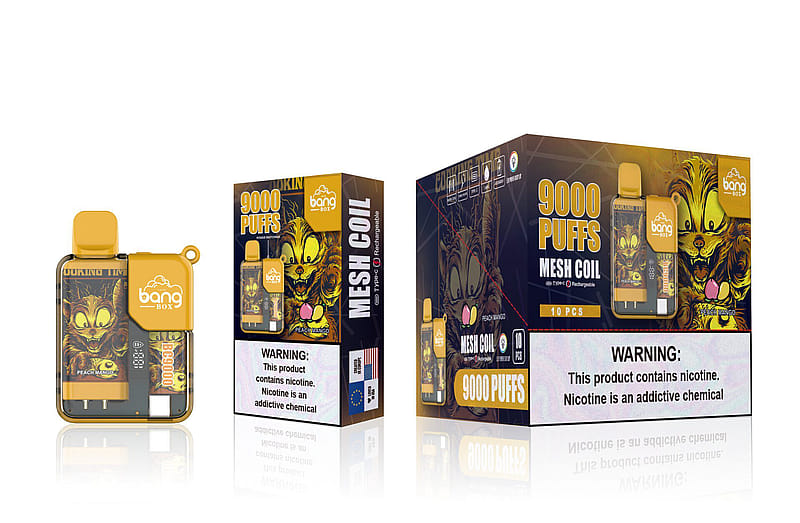 Die Verpackung des Bang Box Einweg-Vape-Geräts zeigt ein Cartoon-Katzenmotiv mit der Aufschrift "9000 Puffs", "Mesh Coil", "Typ-C wiederaufladbar" und die Geschmacksrichtung "Peach Mango" sowie Gesundheitswarnungen über Nikotinsucht.
