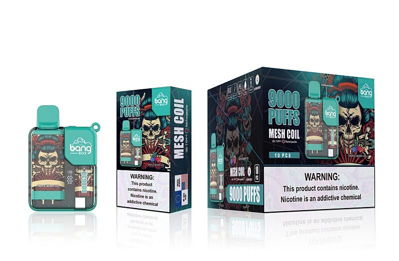 Bang Box vape device packaging featuring a teal-colored rechargeable 9000 puff device with a "Triple Berry Ice" flavor and a skull-themed design. The box displays warnings about nicotine content.