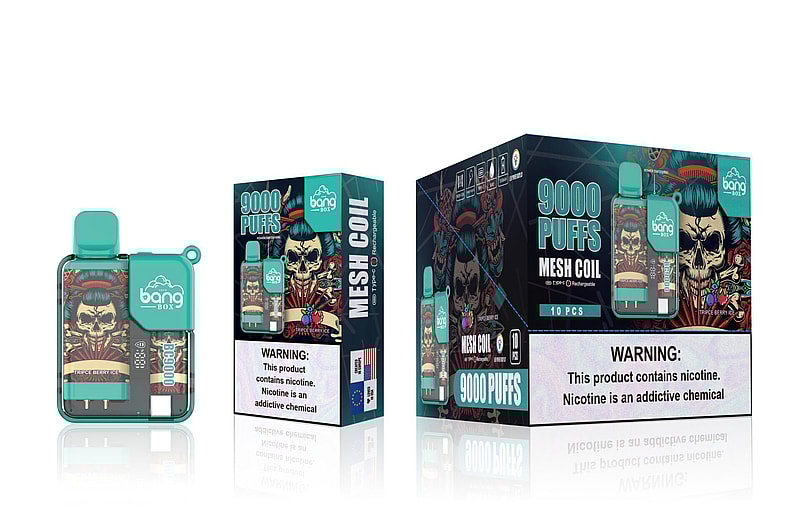 Bang Box vape device packaging featuring a teal-colored rechargeable 9000 puff device with a "Triple Berry Ice" flavor and a skull-themed design. The box displays warnings about nicotine content.