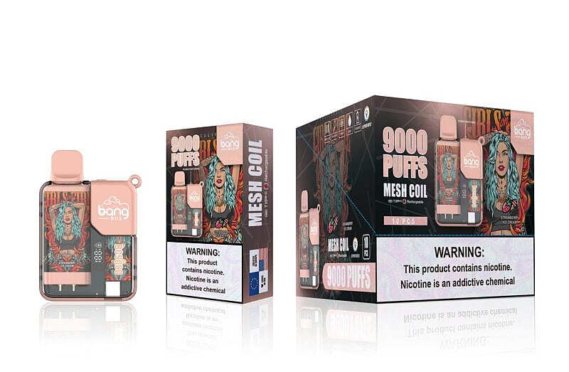 "Bang Box 9000 Puffs disposable vape packaging with an illustration of a woman with blue hair, alongside text stating 'Mesh Coil,' 'Rechargeable,' and a nicotine addiction warning."