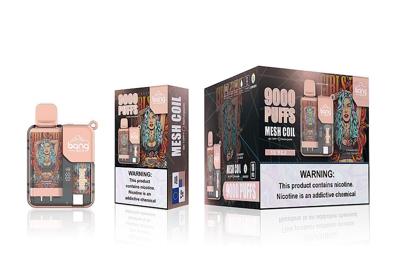 "Bang Box 9000 Puffs disposable vape packaging with an illustration of a woman with blue hair, alongside text stating 'Mesh Coil,' 'Rechargeable,' and a nicotine addiction warning."
