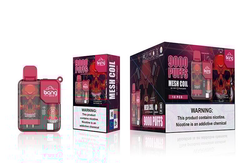 Bang Box vape packaging displaying a red device with a skull design, labeled "9000 PUFFS MESH COIL." The package also contains warnings about nicotine addiction.