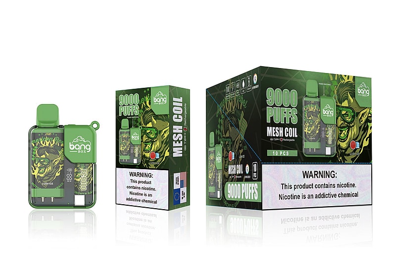 A green "Bang Box" vape device with 9000 puffs, mesh coil, and Lush Ice flavor, displayed next to its packaging featuring a bull graphic and nicotine warning.