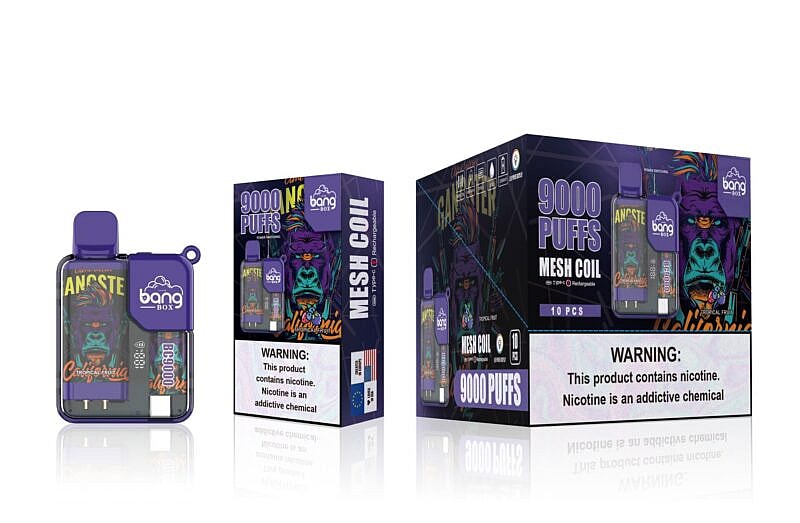 A purple and black vape device with a gorilla illustration, labeled "Bang Box" and "9000 Puffs," displayed alongside its packaging that includes a nicotine warning.