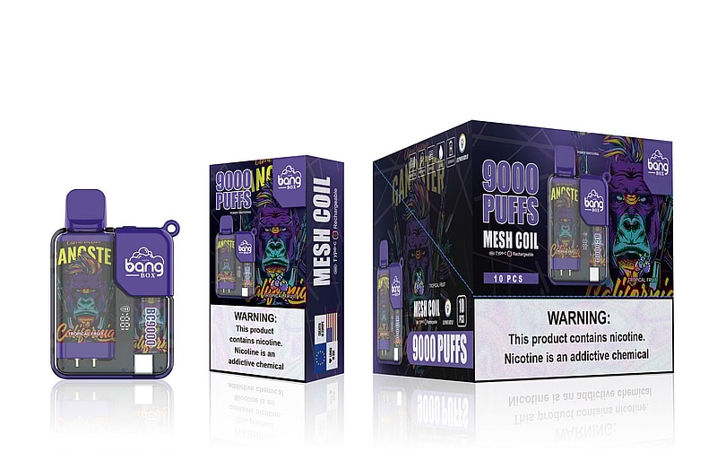 A purple and black vape device with a gorilla illustration, labeled "Bang Box" and "9000 Puffs," displayed alongside its packaging that includes a nicotine warning.