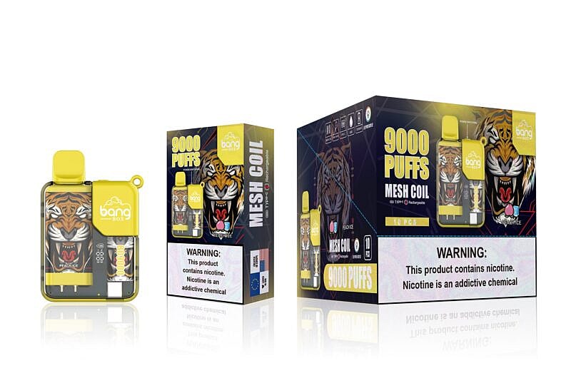 Yellow and black vape device with tiger design, labeled "Bang Box" and "9000 PUFFS MESH COIL," alongside its packaging displaying the same design and health warning.