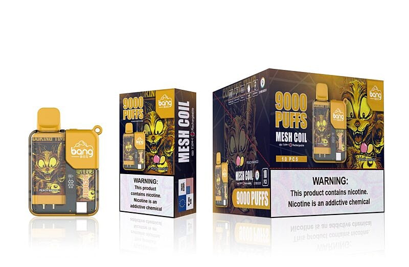 Bang Box disposable vape device packaging featuring a cartoon cat design with "9000 puffs" label, "Mesh Coil," "Type-C rechargeable," and flavor "Peach Mango," alongside health warnings about nicotine addiction.
