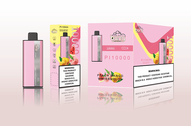 Pink disposable vape device with the flavor "Peach Mango Watermelon," showing a capacity of 10,000 puffs, 10mL e-liquid, 7mg nicotine, 1400mAh battery, and a warning about nicotine being addictive.