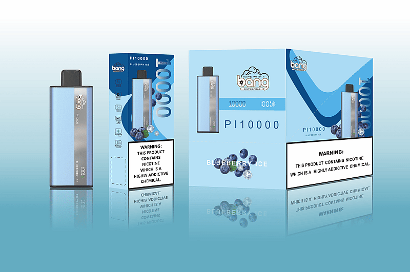 Bang disposable vape device packaging for the Blueberry Ice flavor, featuring a light blue and silver device, blueberries, and ice cubes, with nicotine addiction warning.