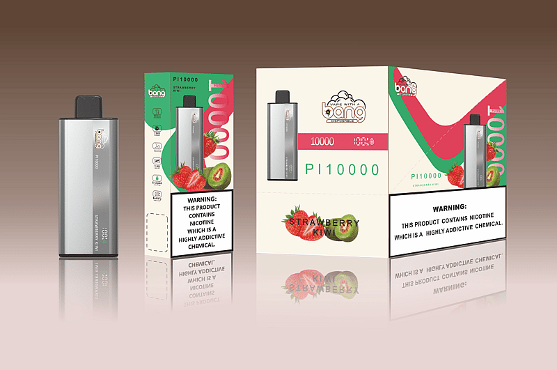 Disposable vape packaging with the brand name "Bang," flavor "Strawberry Kiwi," and nicotine addiction warning.