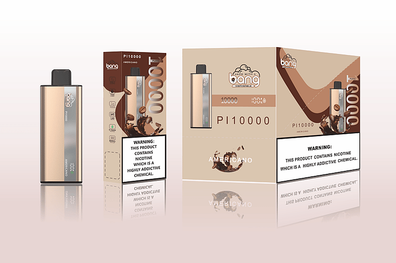Bang Americano disposable vape packaging, featuring a sleek, rectangular device with 10,000 puffs and coffee-themed design. Warning label indicates the product contains nicotine, a highly addictive chemical.