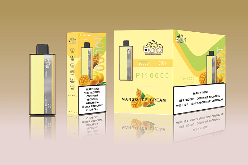 A mango ice cream-flavored vape device with its packaging displayed, showing the product's name "Bang PI10000," a nicotine warning label, and images of mangos.